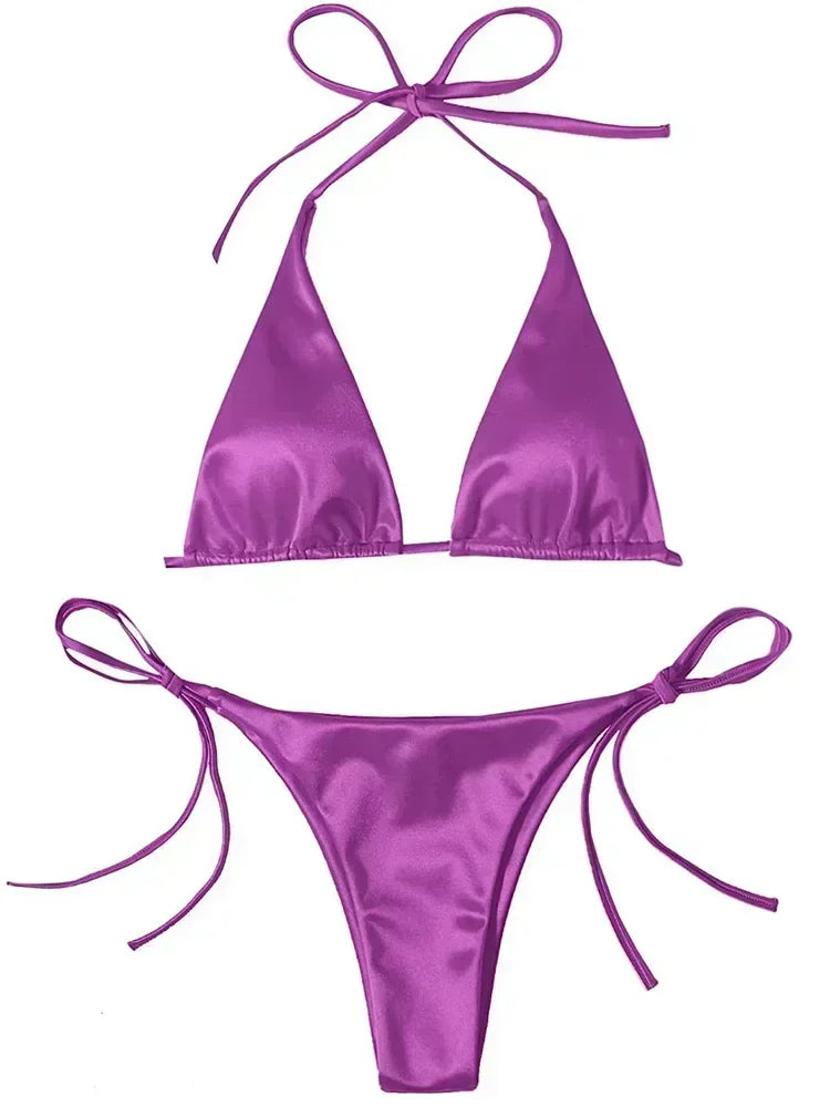 Metallic Satin Bikini Damen – Wrap Around Halter Zweiteiler